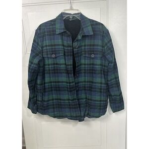 Women's Eddie Bauer L Multicolored Plaid Flannel Shacket Fleece Lined Pockets!!